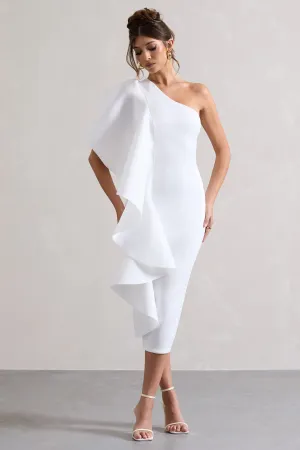 Polo | White One Shoulder Bodycon Midi Dress With Ruffle