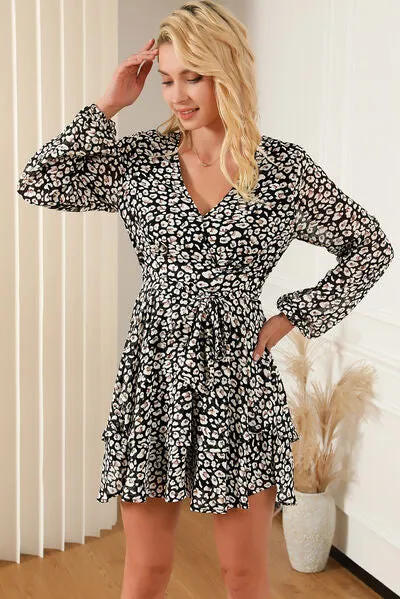 Printed Surplice Balloon Sleeve Mini Dress