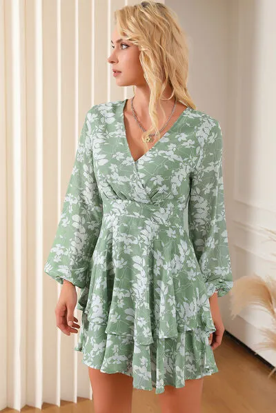 Printed Surplice Balloon Sleeve Mini Dress