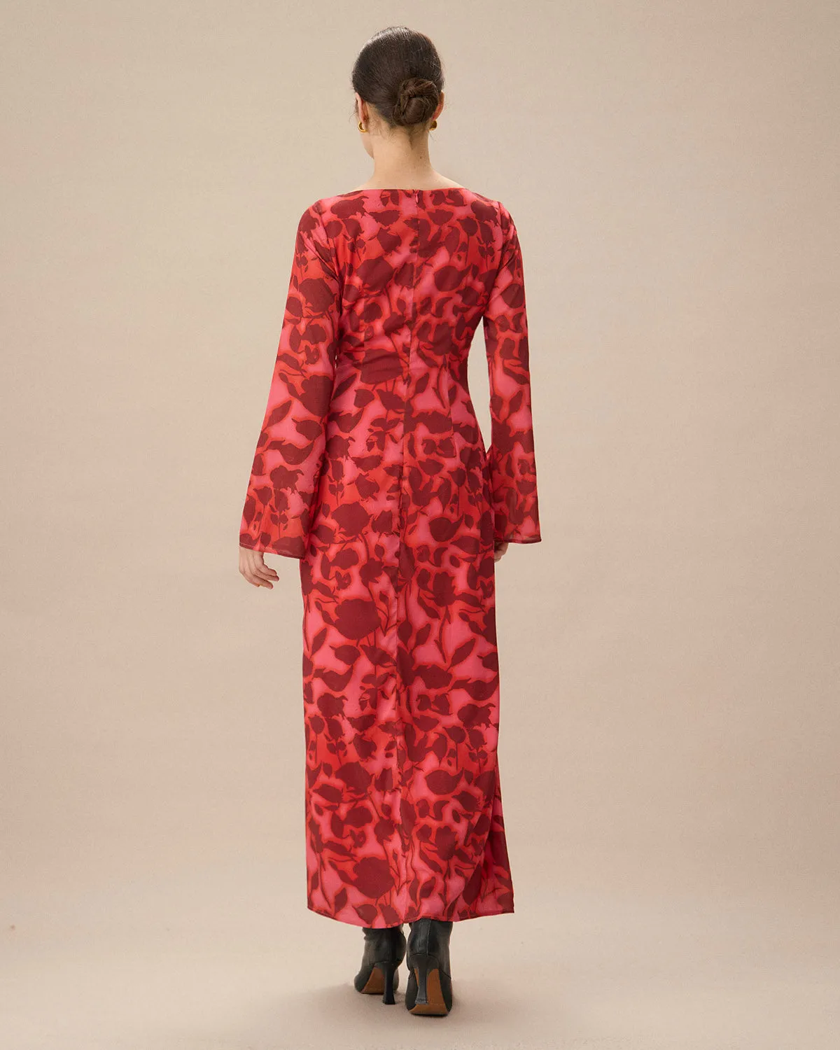 Red Floral Bell Sleeve Maxi Dress