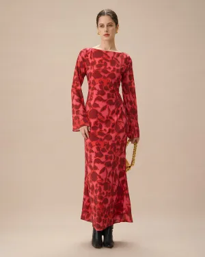 Red Floral Bell Sleeve Maxi Dress