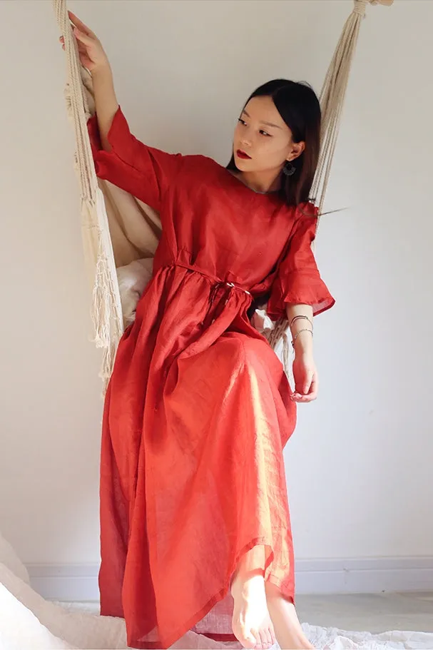 Red Linen Half Sleeve Women Dresses Maxi Women Dresses PZ97216