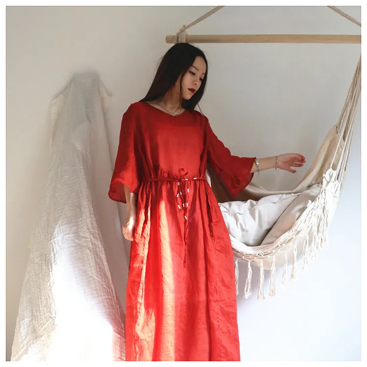 Red Linen Half Sleeve Women Dresses Maxi Women Dresses PZ97216