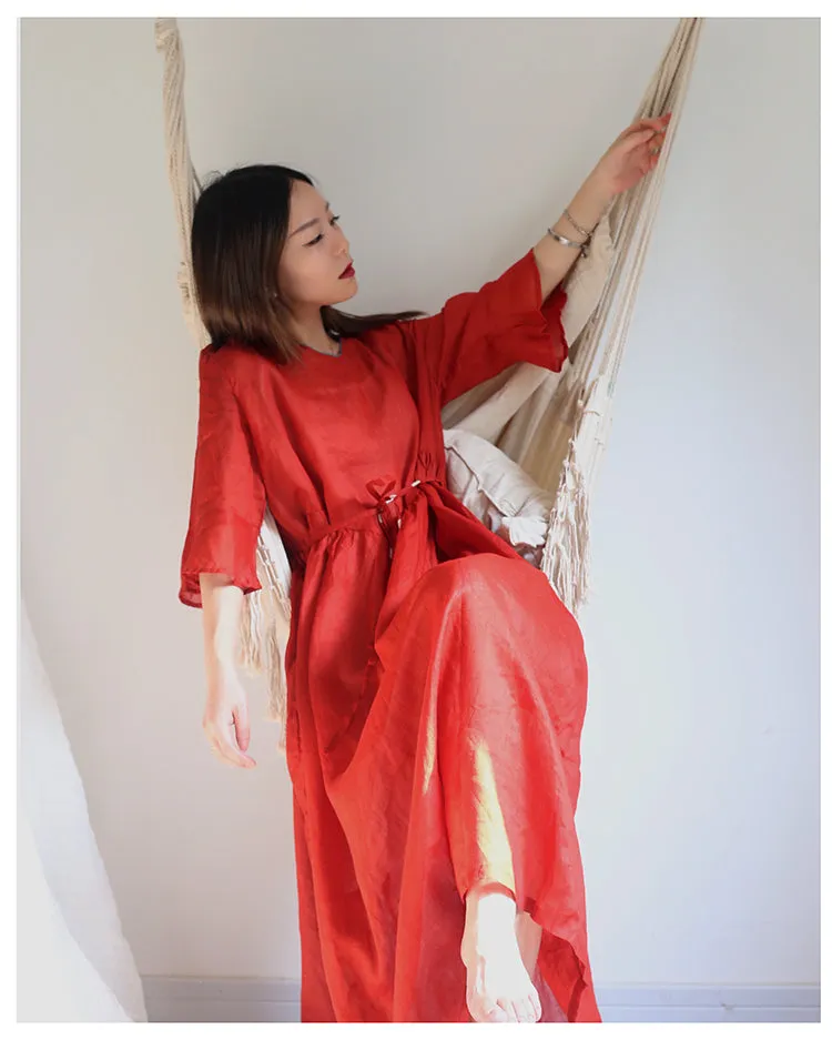 Red Linen Half Sleeve Women Dresses Maxi Women Dresses PZ97216