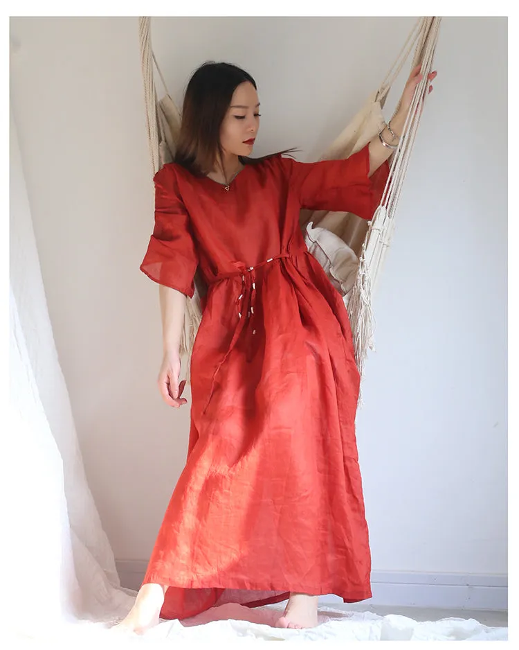 Red Linen Half Sleeve Women Dresses Maxi Women Dresses PZ97216