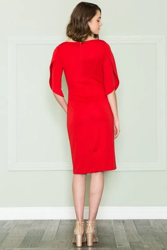 Red Three Quarter Sleeves Midi Business Casual Dress With Boat Neck