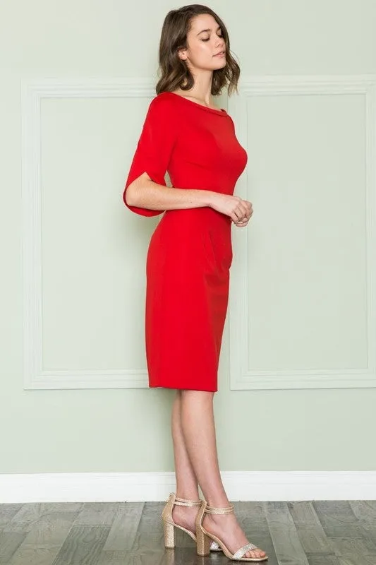 Red Three Quarter Sleeves Midi Business Casual Dress With Boat Neck