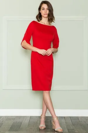 Red Three Quarter Sleeves Midi Business Casual Dress With Boat Neck