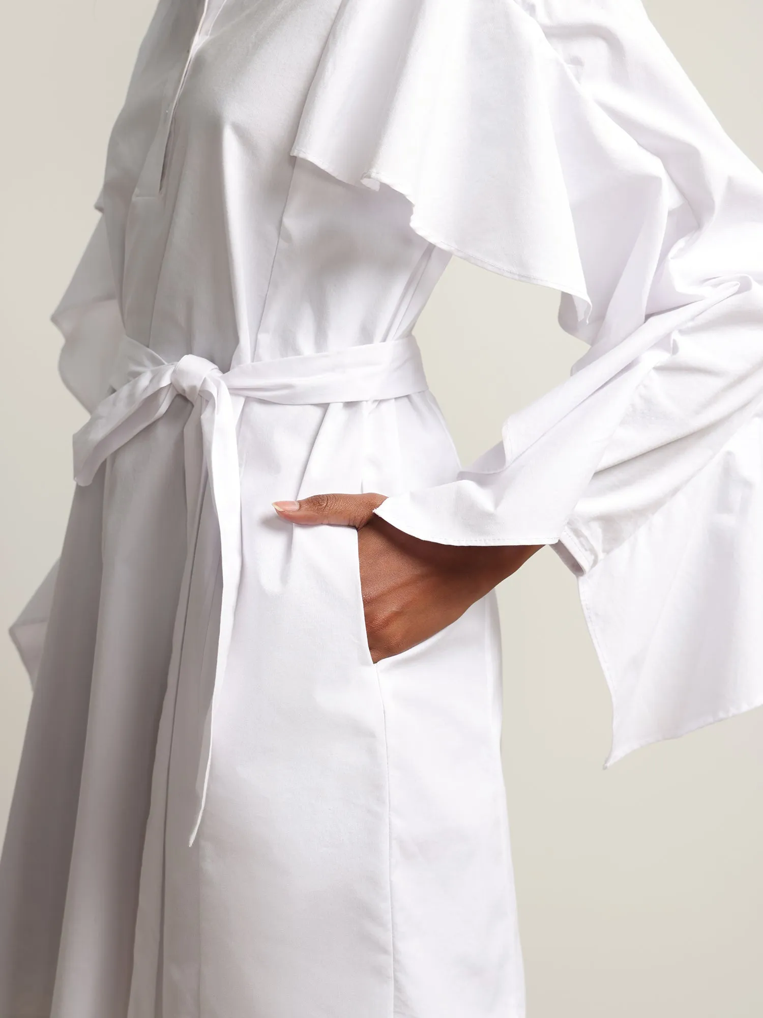 Ruffle-Sleeve Button-Front Poplin Shirtdress