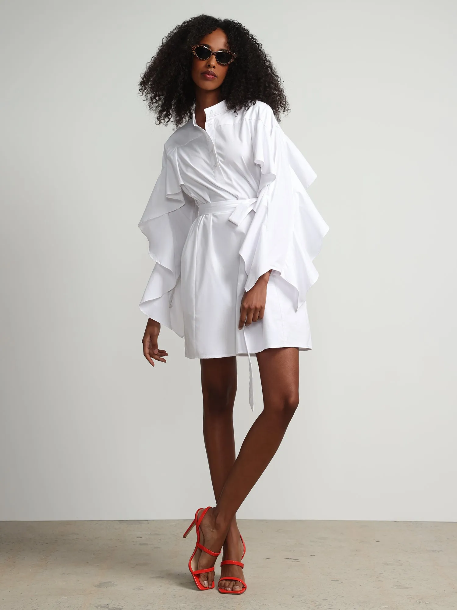 Ruffle-Sleeve Button-Front Poplin Shirtdress