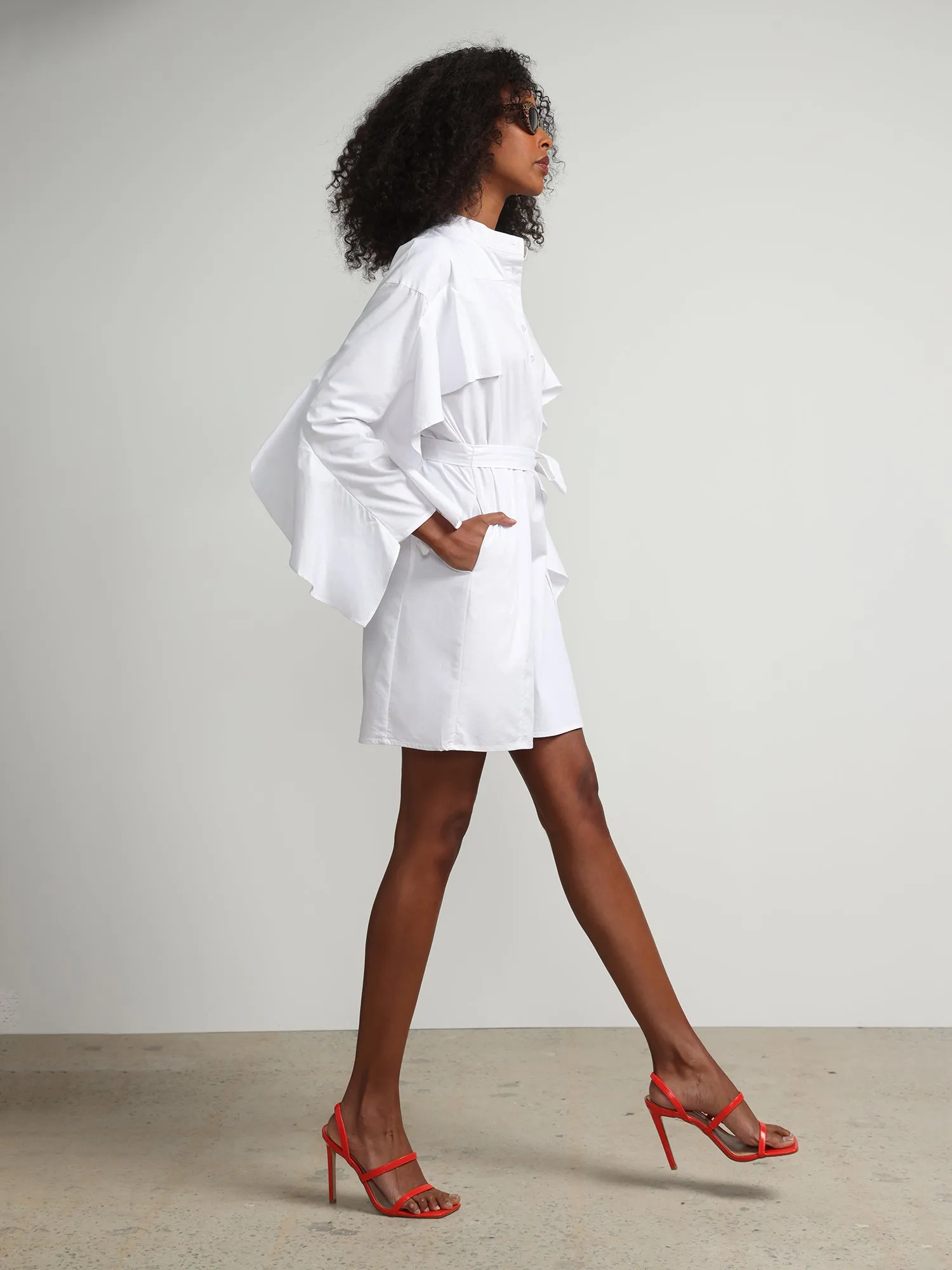 Ruffle-Sleeve Button-Front Poplin Shirtdress