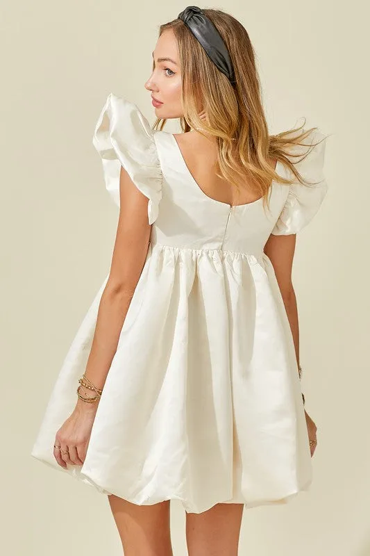 Ruffle Sleeve Structured Satin Faille Bubble Dress