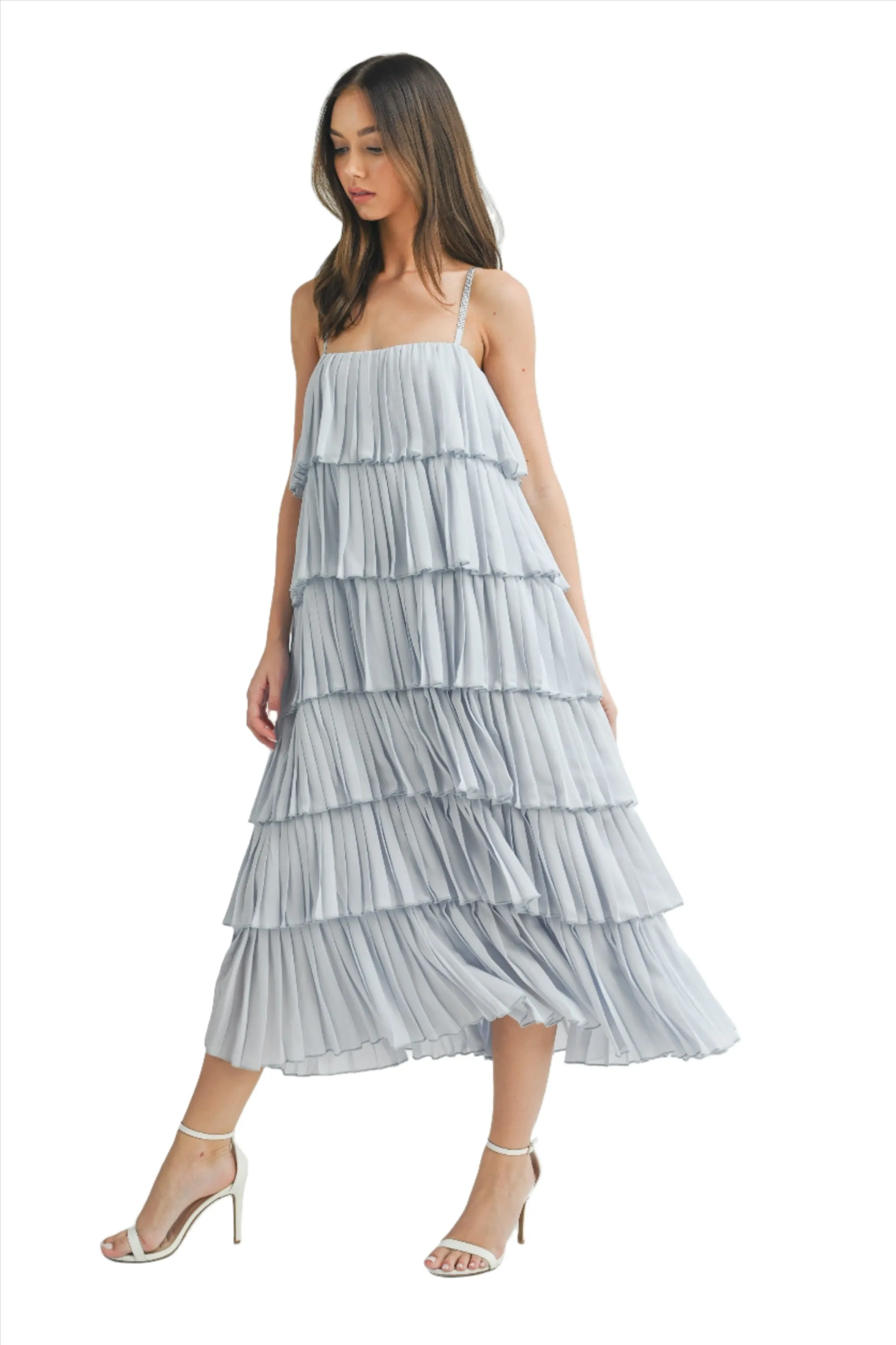 RUFFLE TIER MIDI DRESS WITH RHINESTONE STRAPS