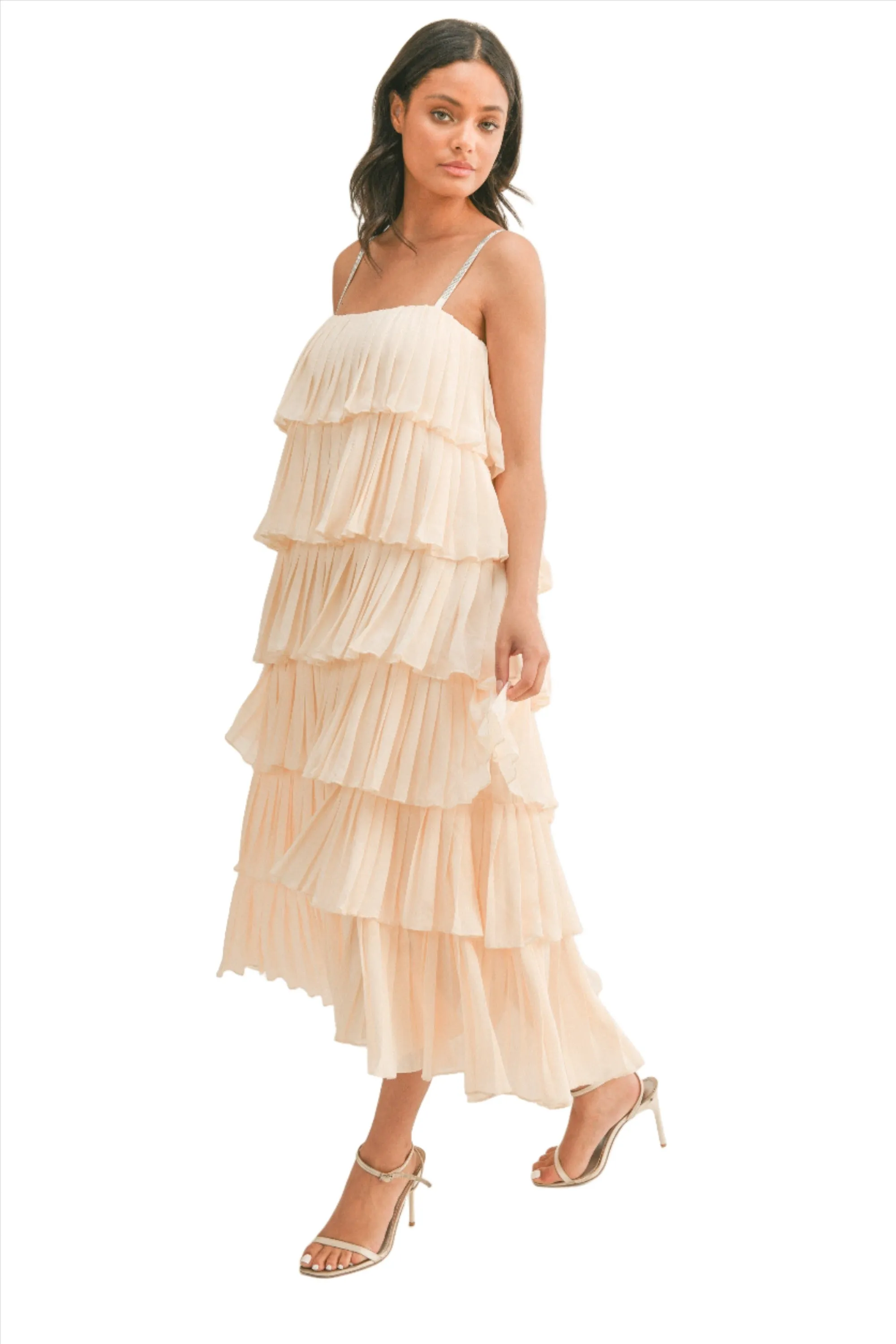 RUFFLE TIER MIDI DRESS WITH RHINESTONE STRAPS