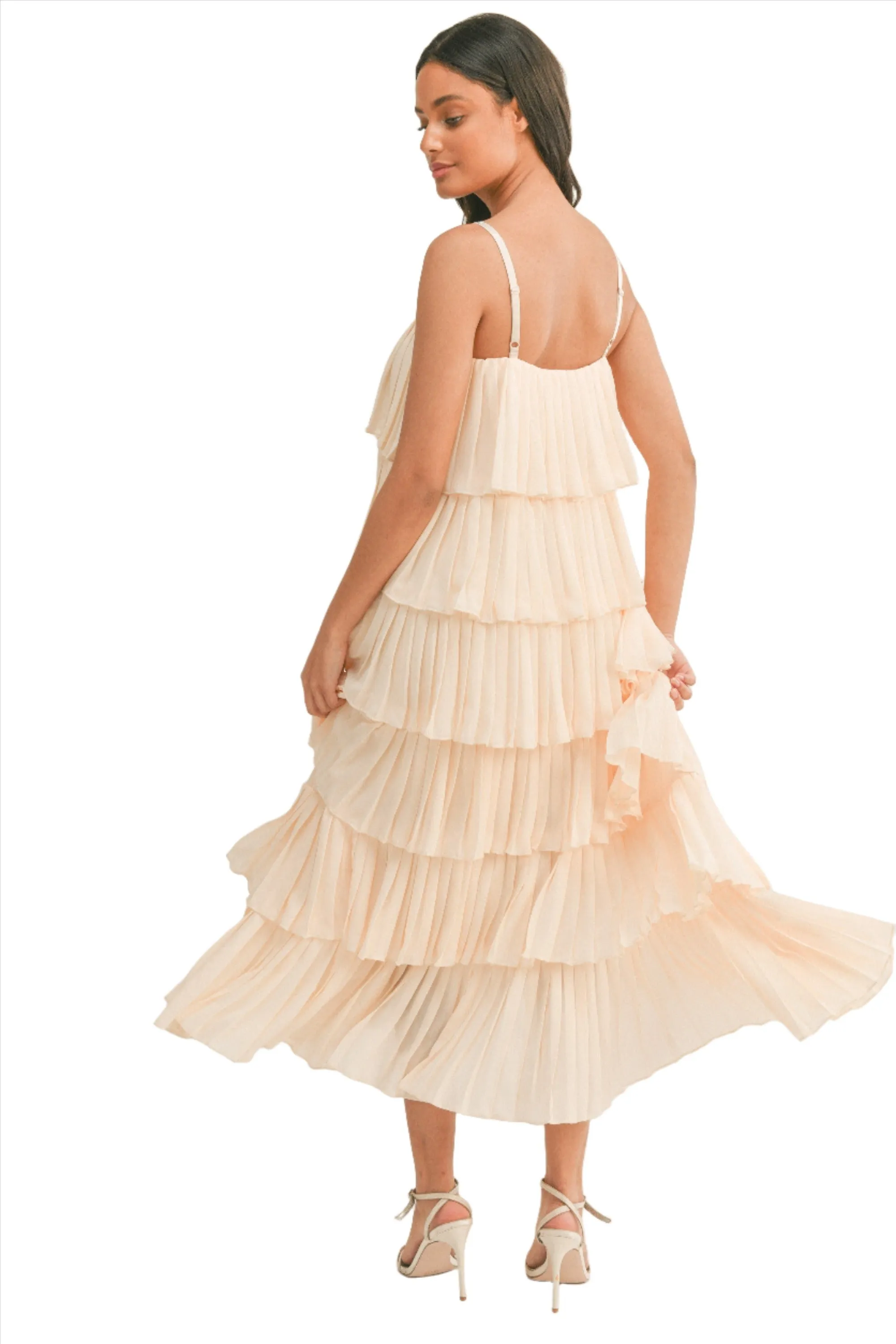 RUFFLE TIER MIDI DRESS WITH RHINESTONE STRAPS