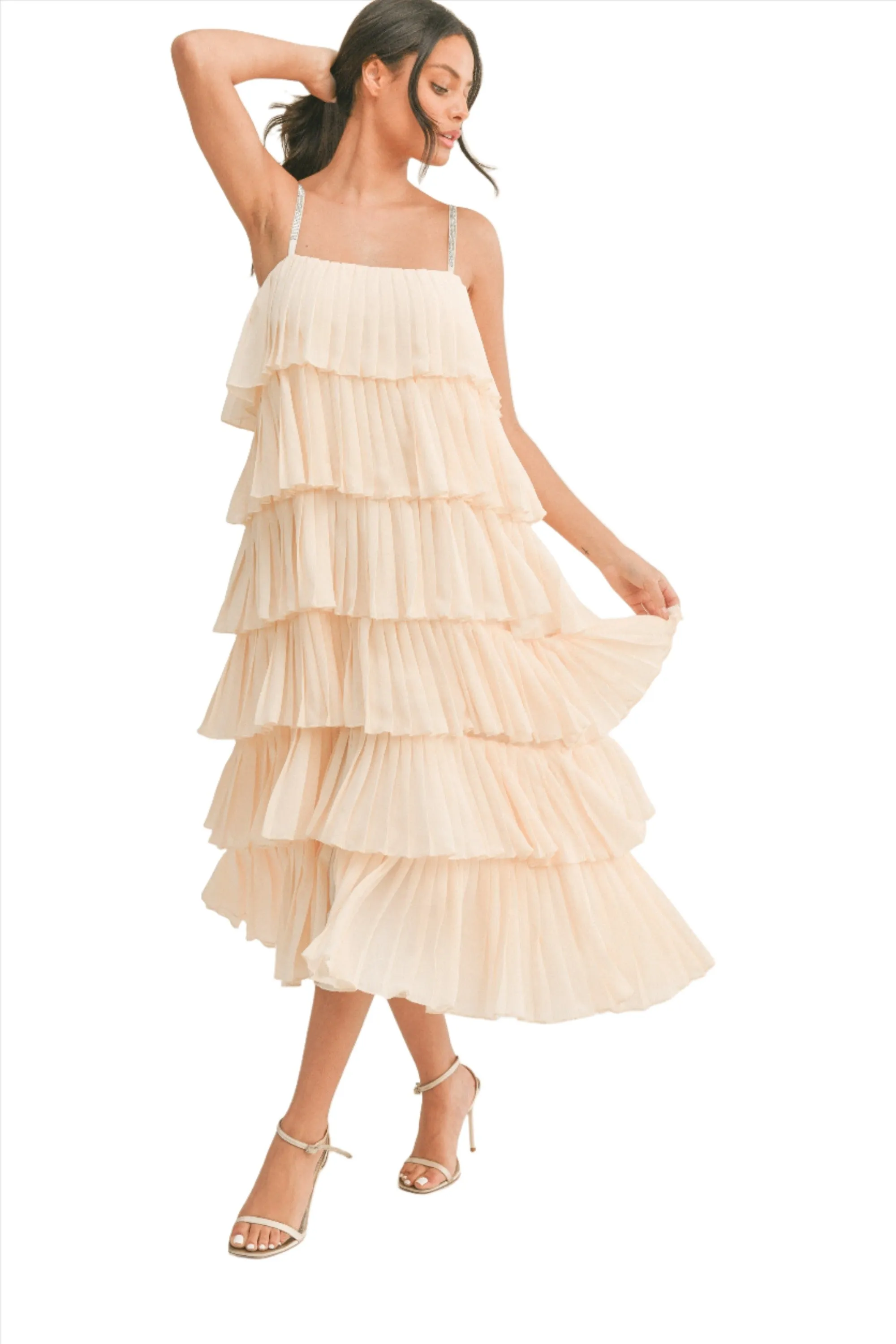 RUFFLE TIER MIDI DRESS WITH RHINESTONE STRAPS