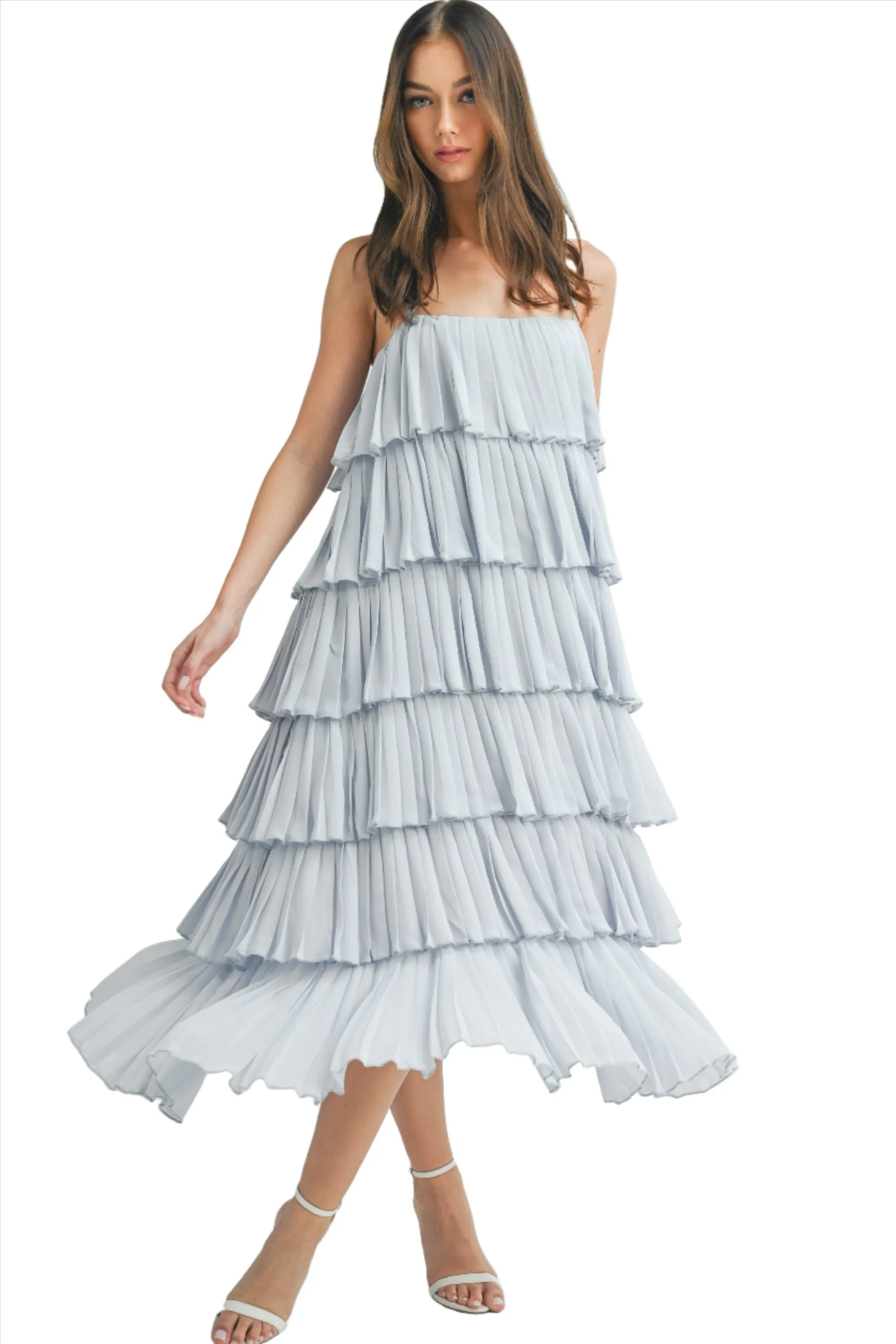 RUFFLE TIER MIDI DRESS WITH RHINESTONE STRAPS