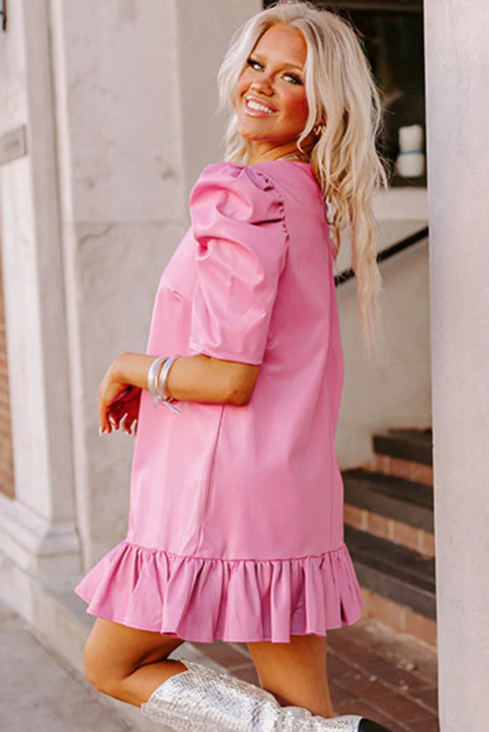 Ruffled Pink Pleather Mini Dress