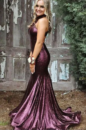 Sexy Trumpet/Mermaid Sequins Open Back Prom Dress Halter