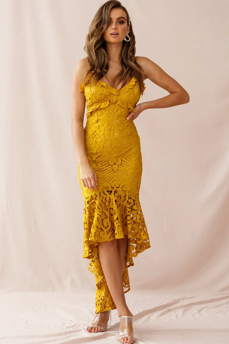 Shakeera High-Low Hem Lace Dress Mustard