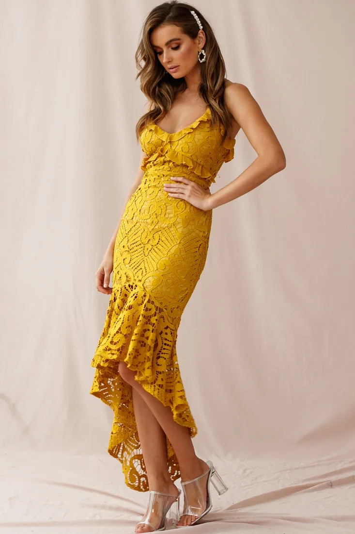 Shakeera High-Low Hem Lace Dress Mustard