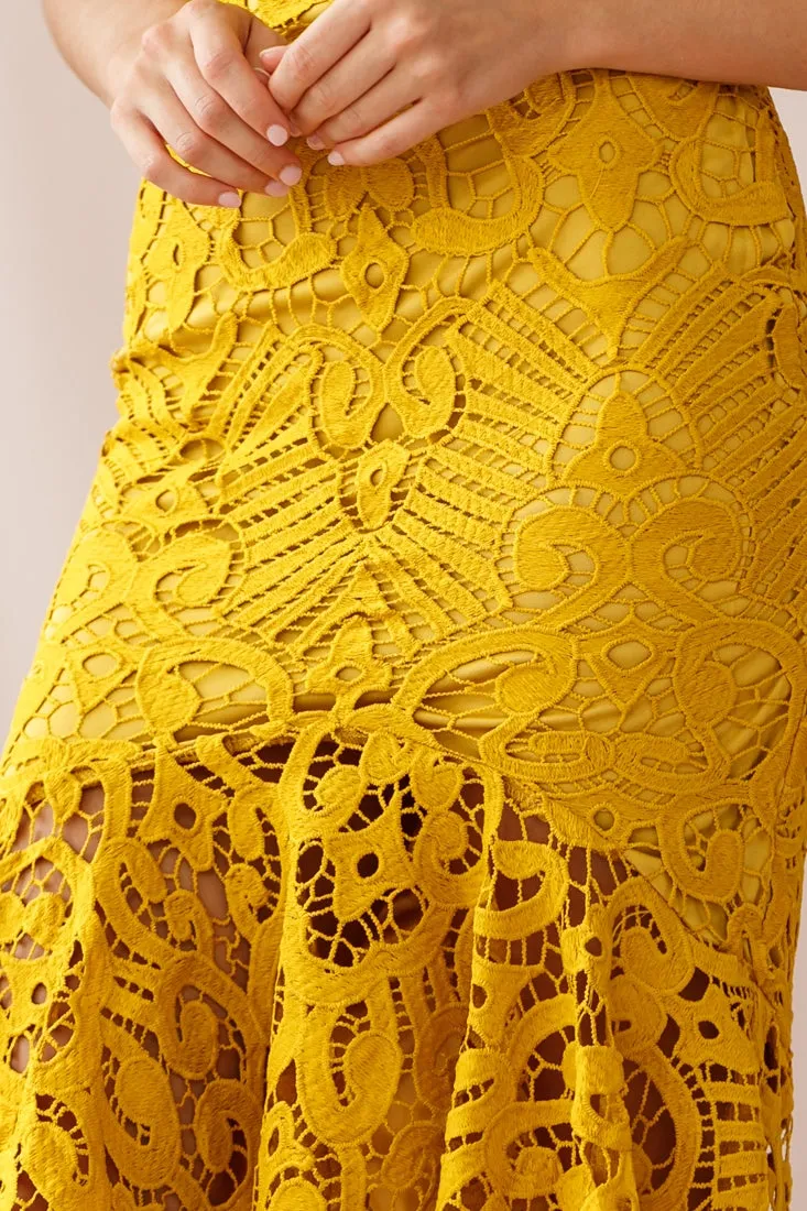 Shakeera High-Low Hem Lace Dress Mustard