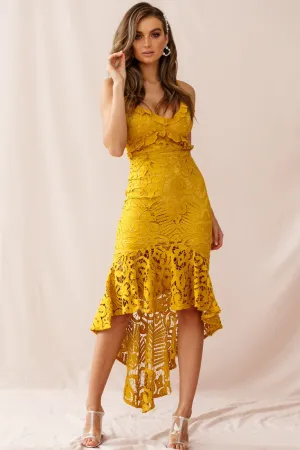 Shakeera High-Low Hem Lace Dress Mustard