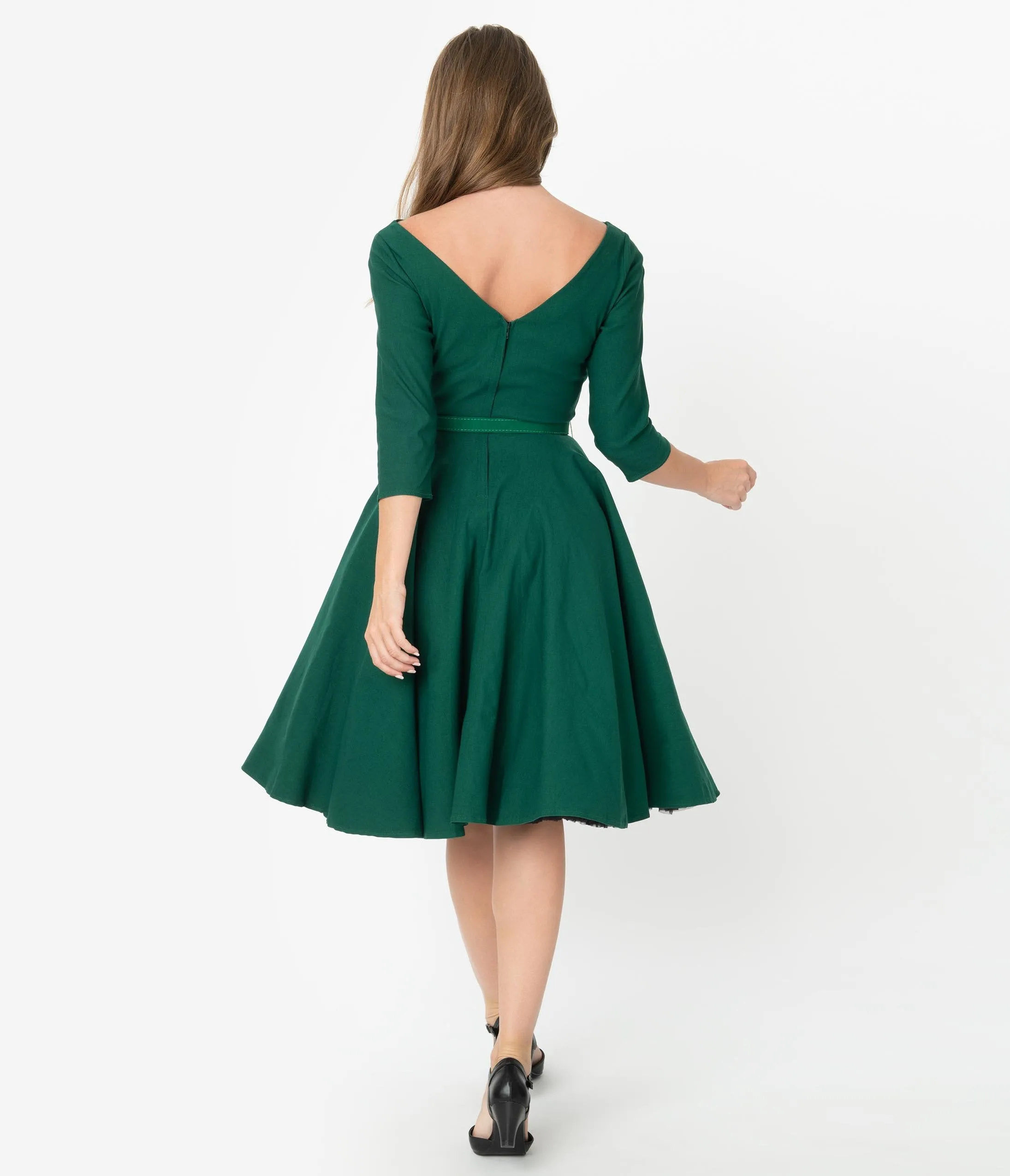 Unique Vintage 1950s Style Emerald Green Stretch Sleeved Devon Swing Dress