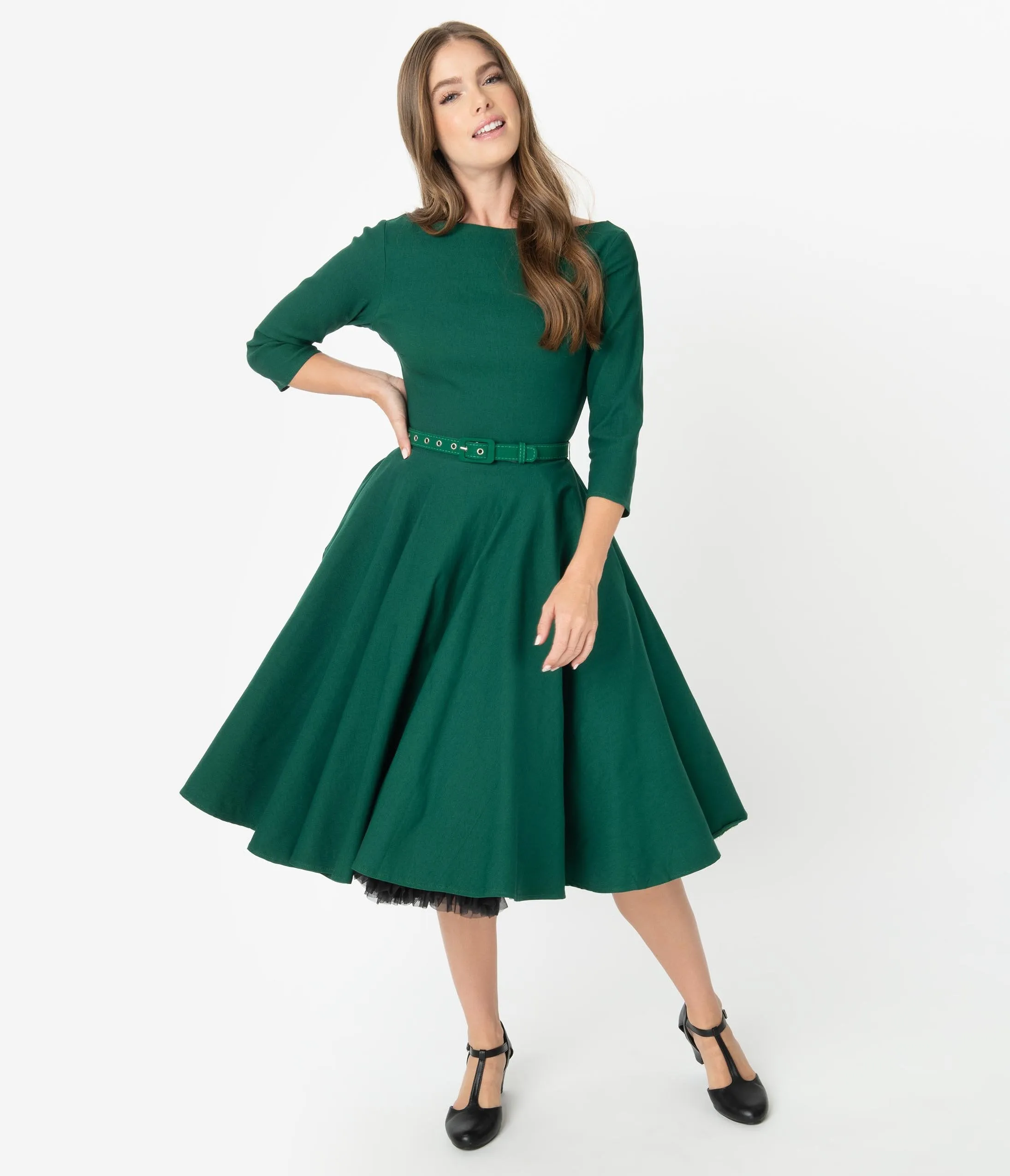 Unique Vintage 1950s Style Emerald Green Stretch Sleeved Devon Swing Dress