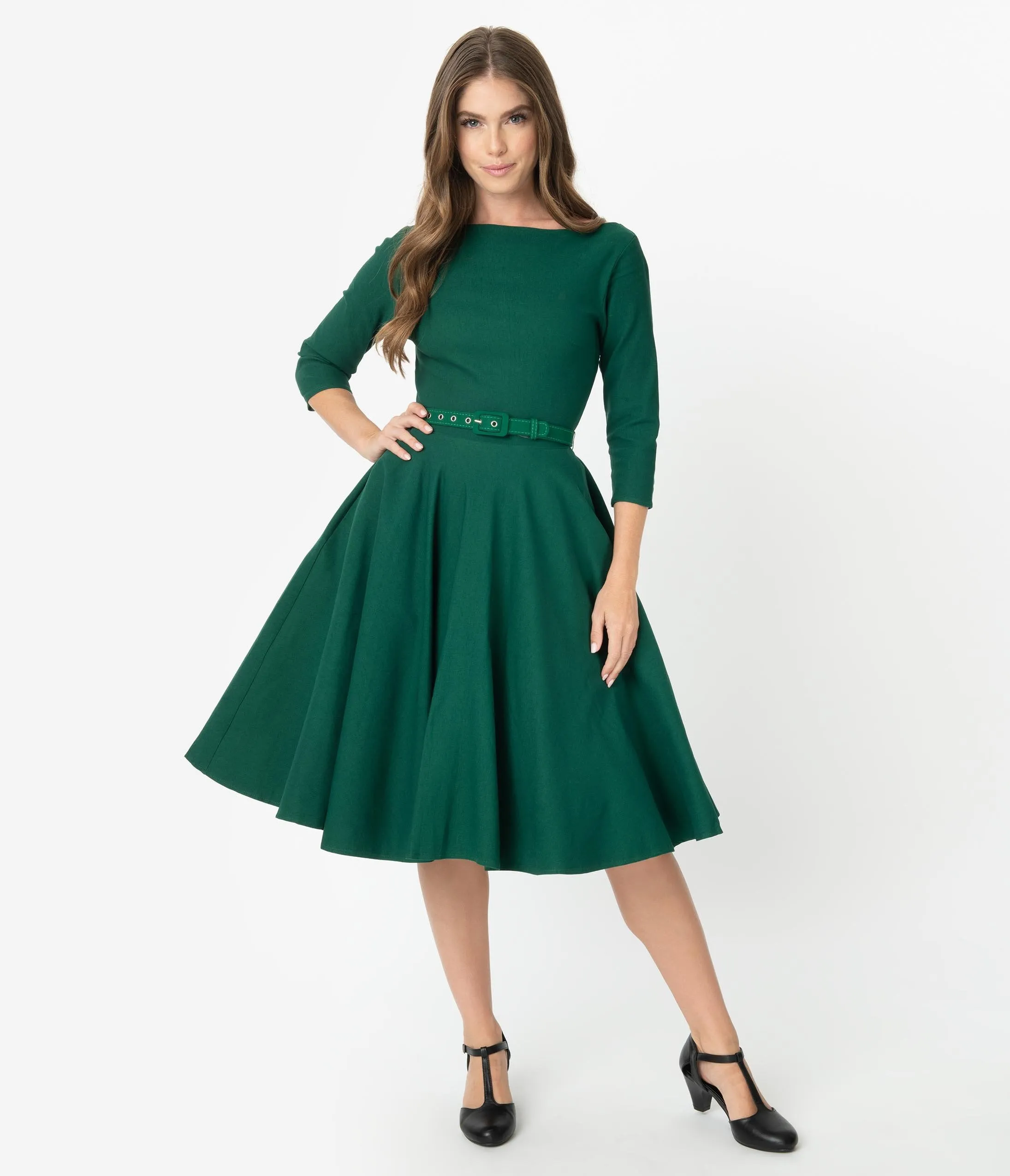 Unique Vintage 1950s Style Emerald Green Stretch Sleeved Devon Swing Dress