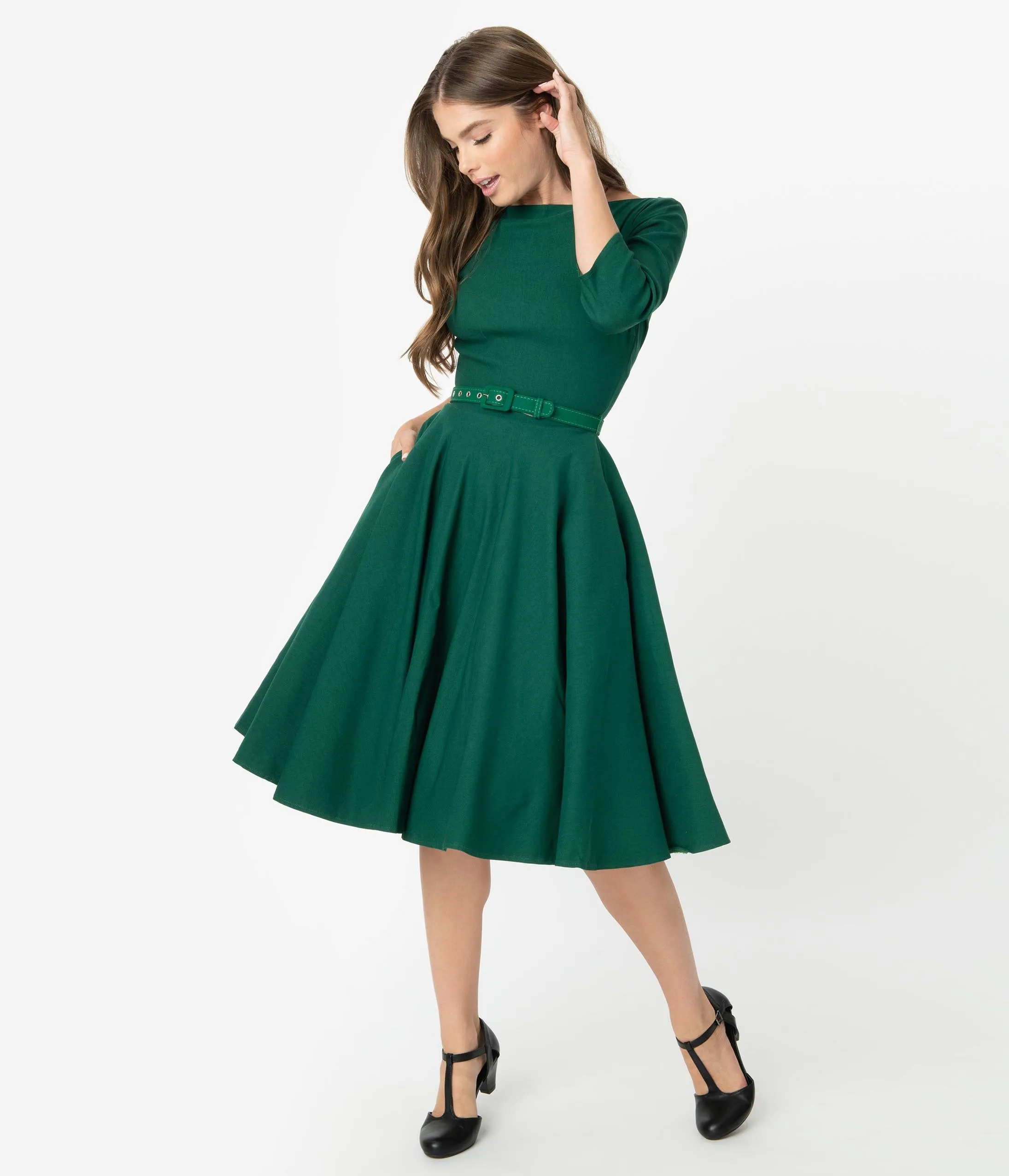 Unique Vintage 1950s Style Emerald Green Stretch Sleeved Devon Swing Dress