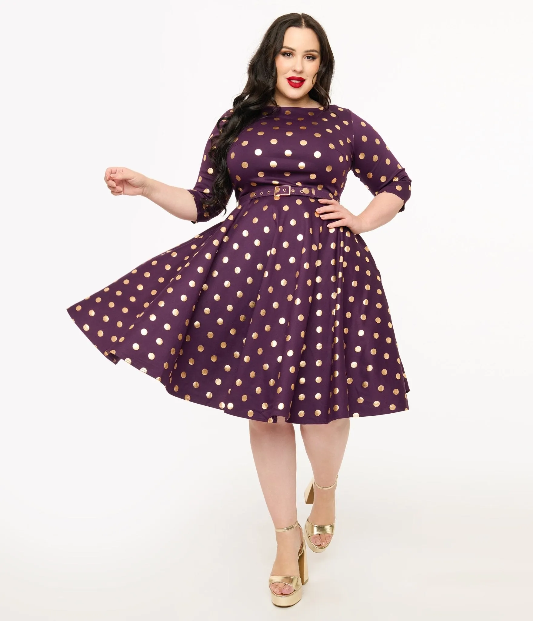 Unique Vintage Plus Size 1950s Eggplant Rose Foil Polka Dot Devon Swing Dress