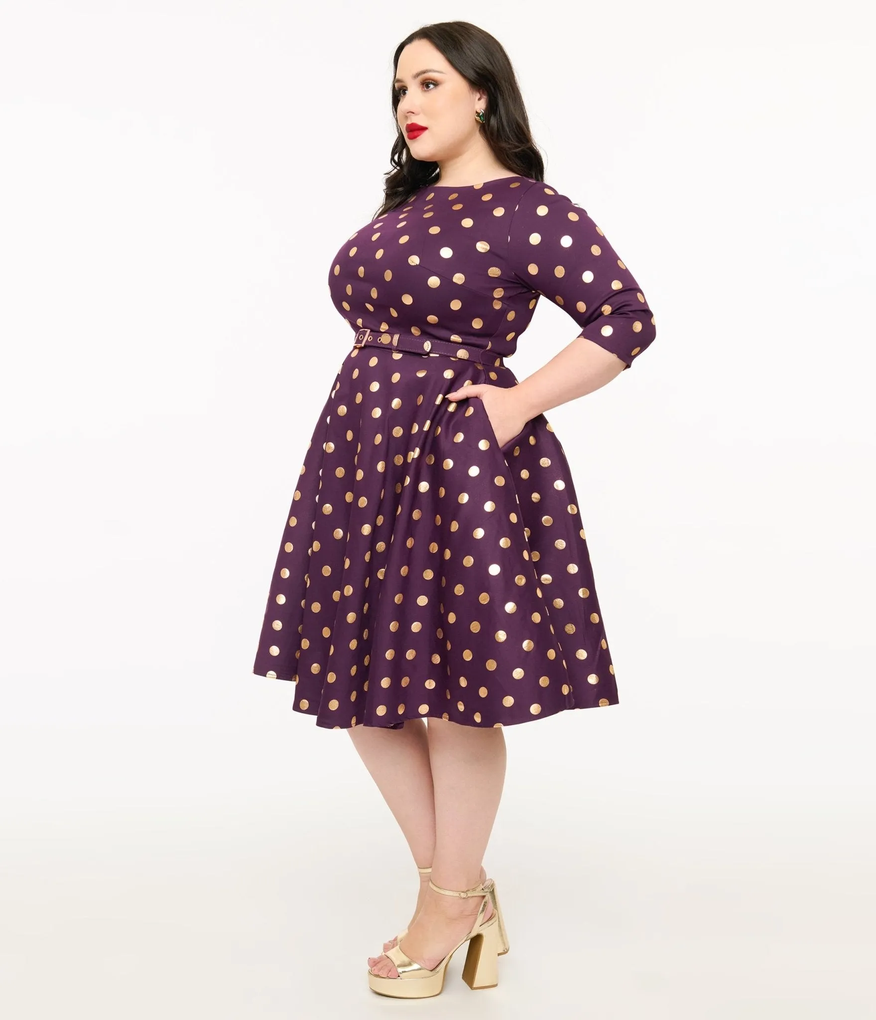 Unique Vintage Plus Size 1950s Eggplant Rose Foil Polka Dot Devon Swing Dress