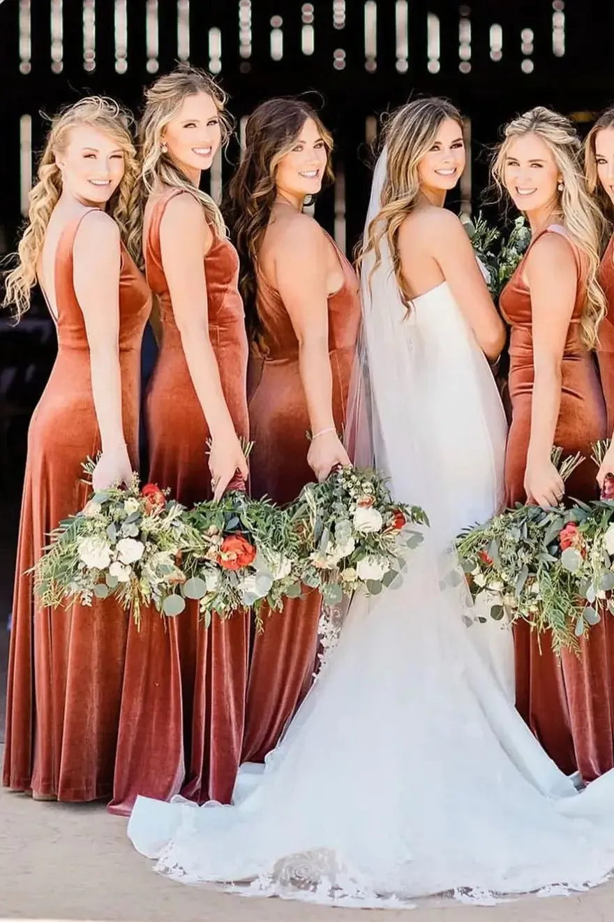 V Neck Sleeveless Winter Rust Velvet Bridesmaid Dresses,Wedding Guest Dresses