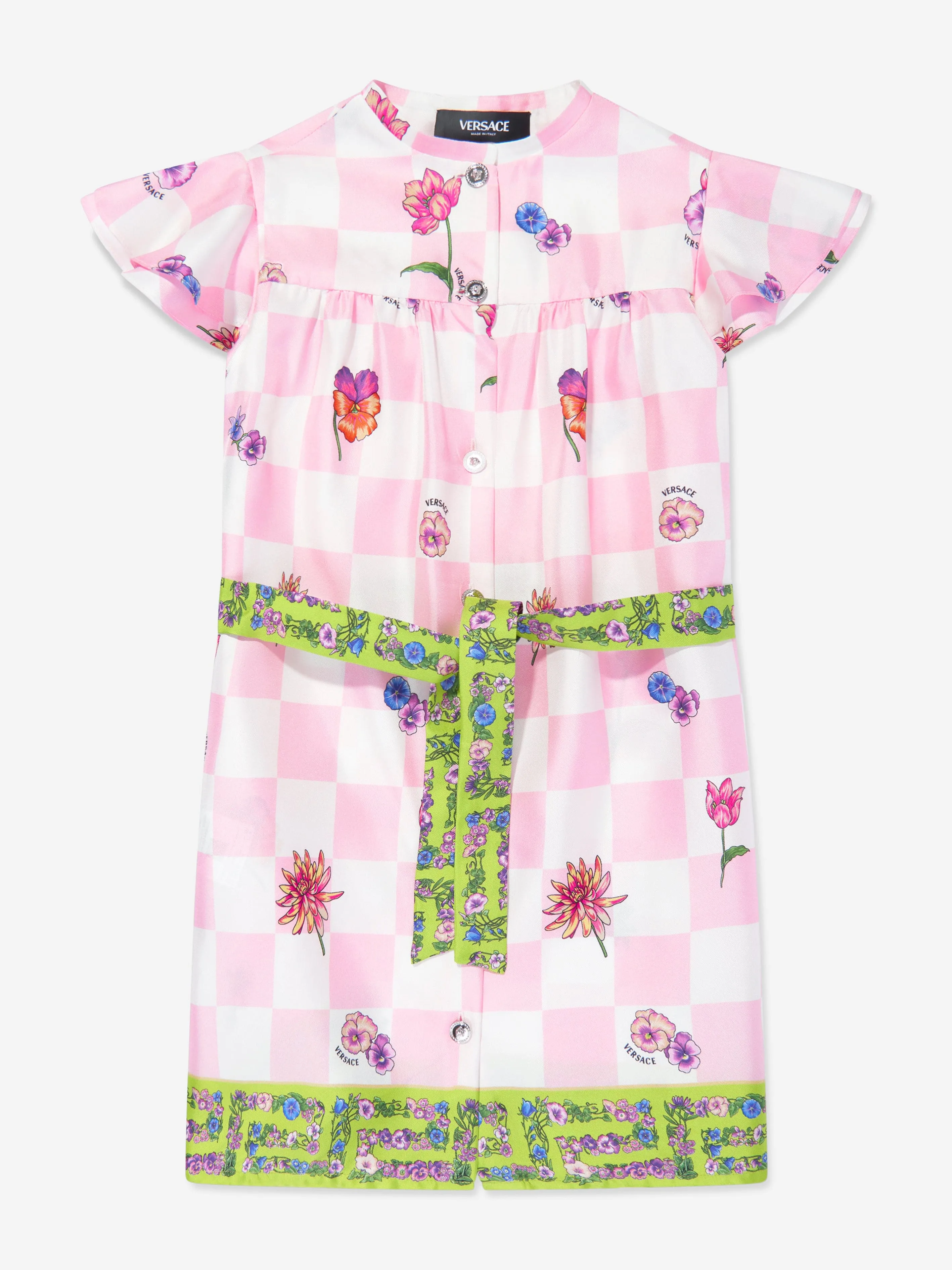 Versace Girls Silk Damier Flowers Shirt Dress in Pink