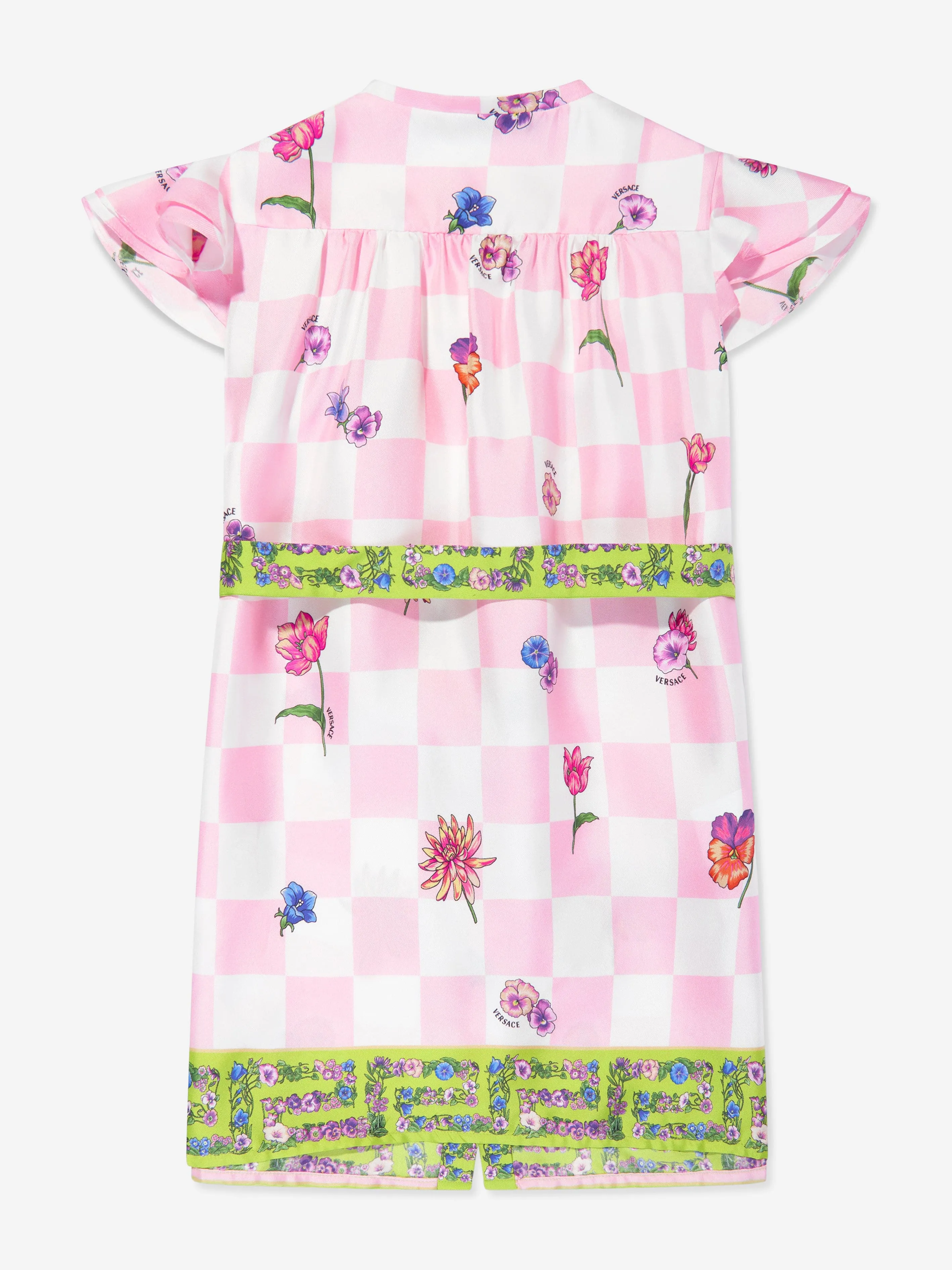 Versace Girls Silk Damier Flowers Shirt Dress in Pink