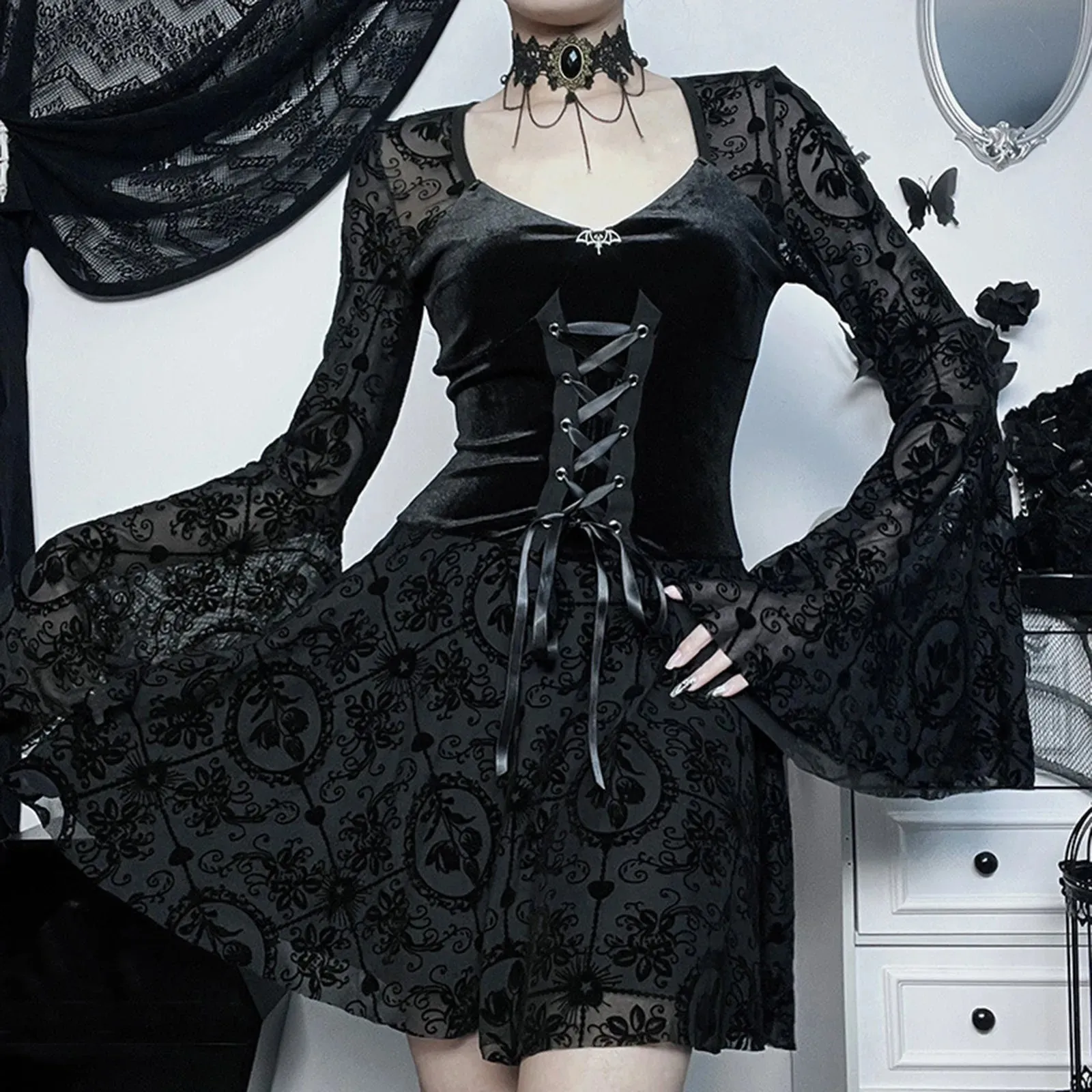 Vintage Gothic Velvet Grunge Punk Flocked Bandage Flare Sleeve Party Alt Casual Elegant Dress