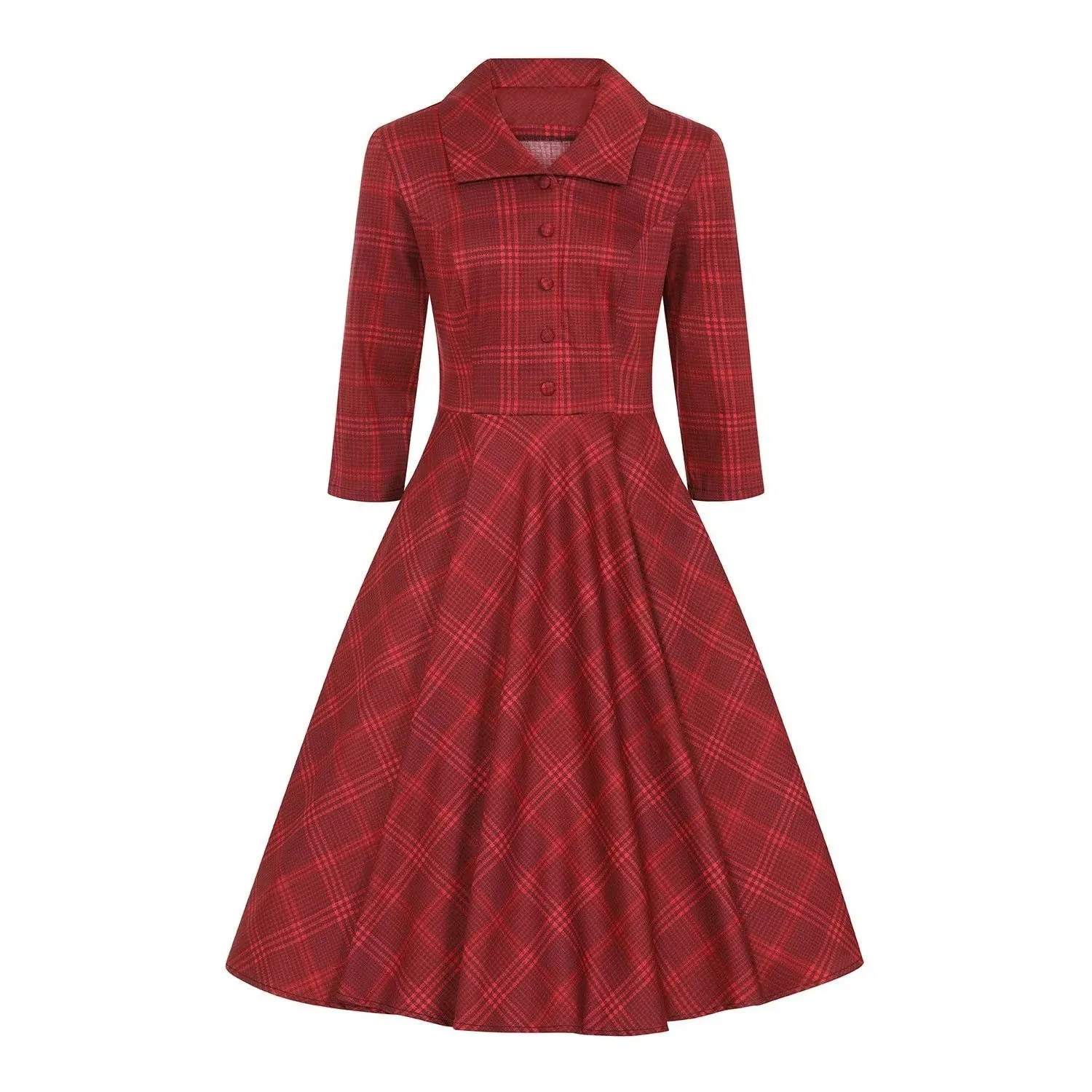 Vintage Red Check 3/4 Sleeve Collar Burns Swing Dress