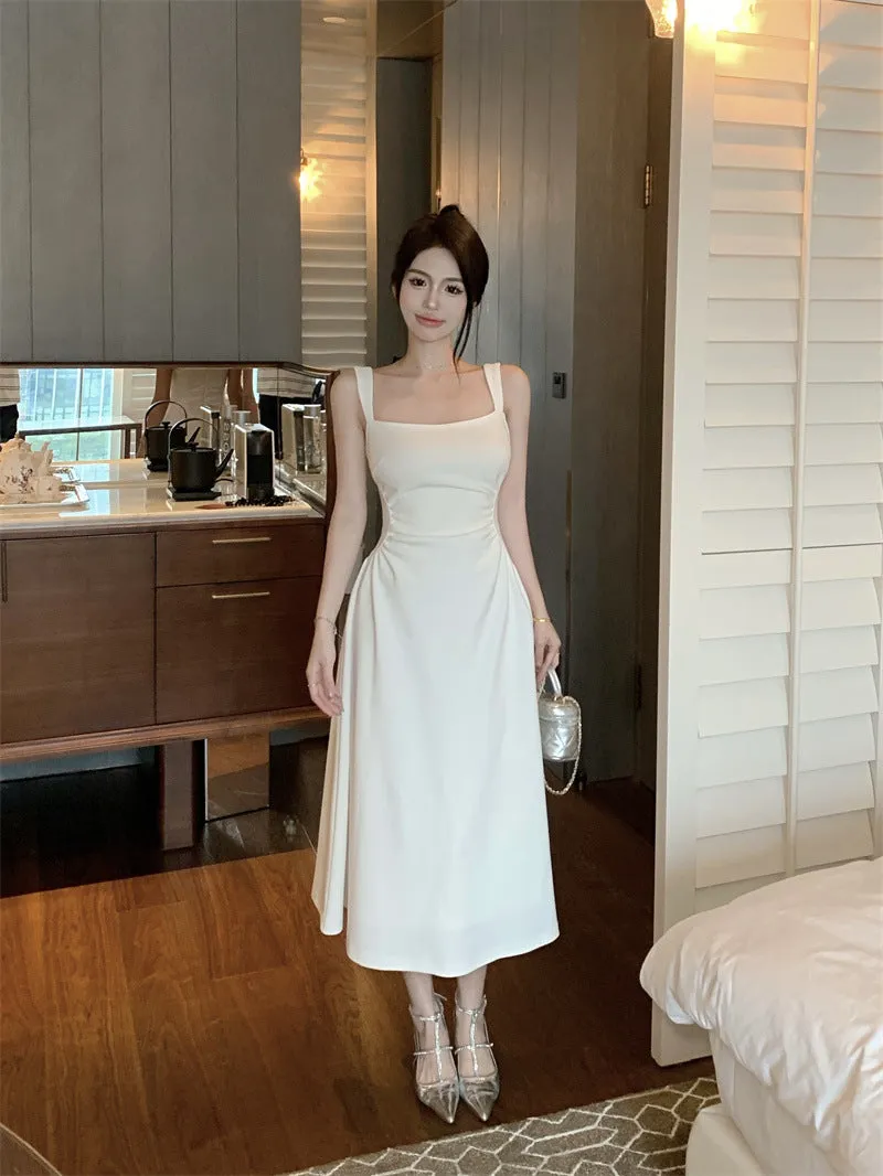 Women White  A-Line Dress 2023 Summer French Style Long Skirt  391