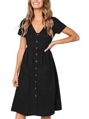 Women's Button Down Casual Dress With Front Square Pockets