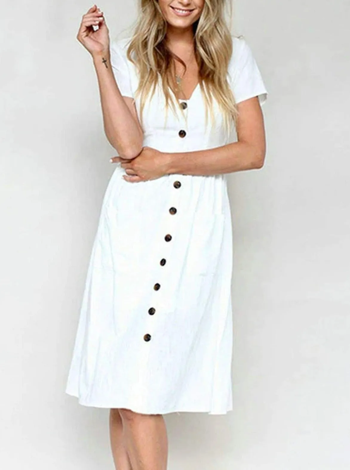 Women's Button Down Casual Dress With Front Square Pockets