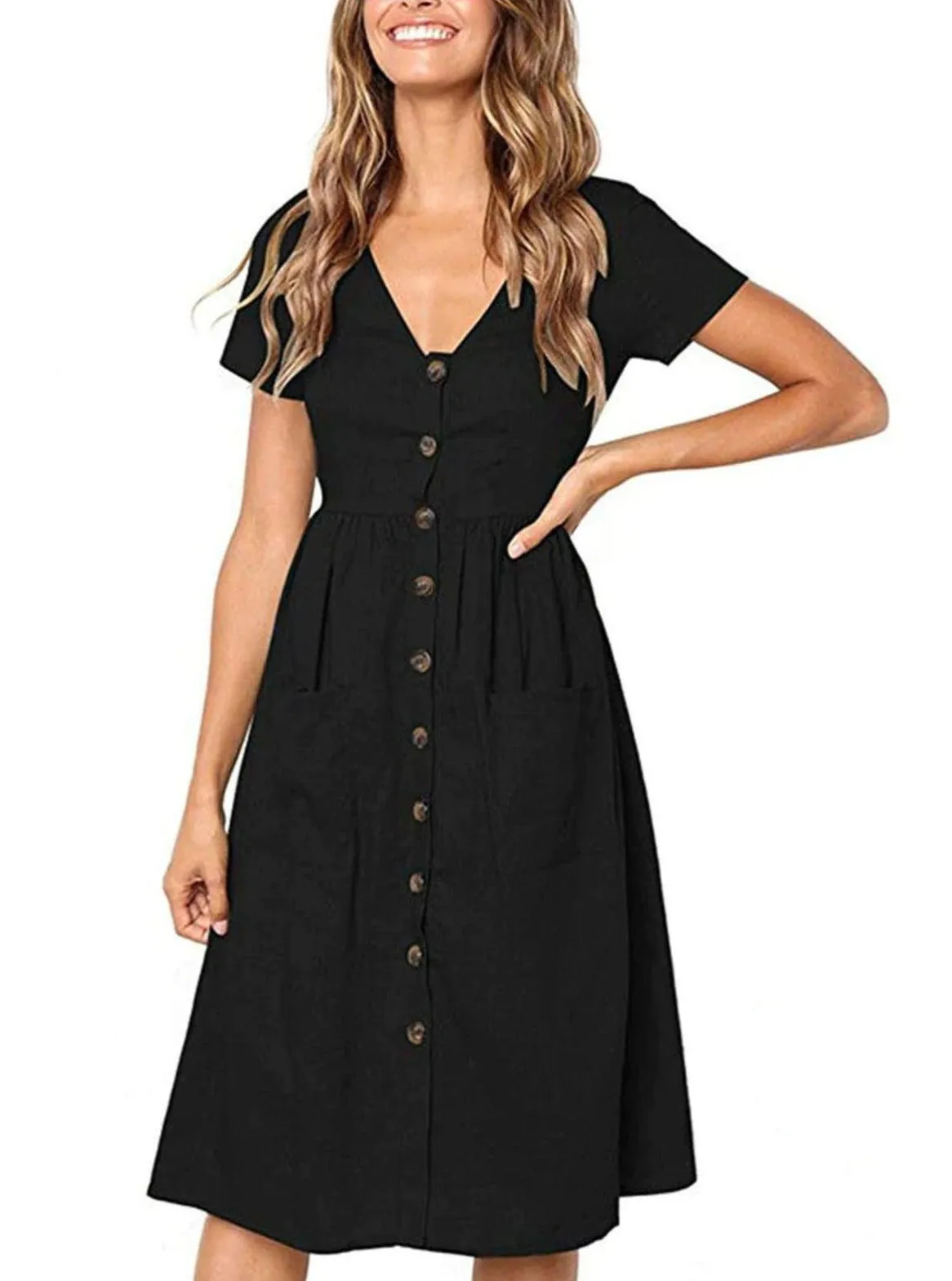 Women's Button Down Casual Dress With Front Square Pockets