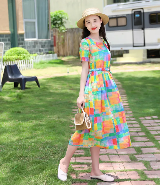 Yellow Floral Women Dresses Casual Summer Linen Women Dresses SJ97215