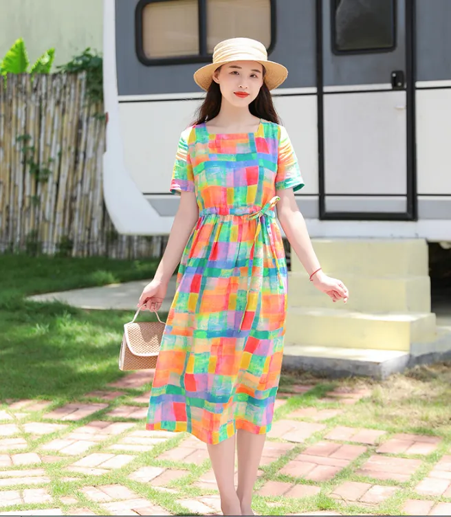 Yellow Floral Women Dresses Casual Summer Linen Women Dresses SJ97215