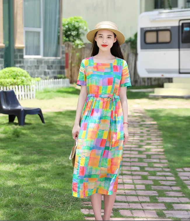 Yellow Floral Women Dresses Casual Summer Linen Women Dresses SJ97215