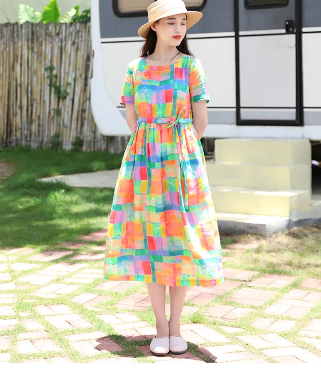 Yellow Floral Women Dresses Casual Summer Linen Women Dresses SJ97215