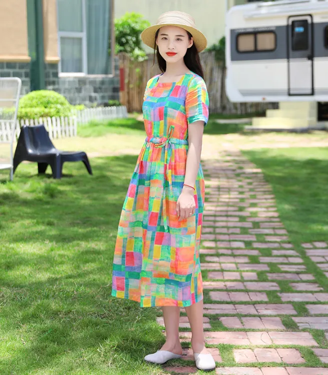 Yellow Floral Women Dresses Casual Summer Linen Women Dresses SJ97215